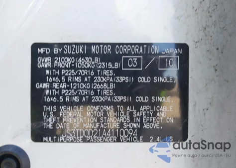 2010 Suzuki Grand Vitara Premium из США, поврежденный, VIN JS3TD0D21A4110094